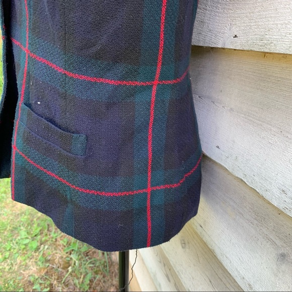 Vintage 80s Green Plaid Collared Velour V-Neck Button Down Long Sleeve Blazer - Picture 14 of 16